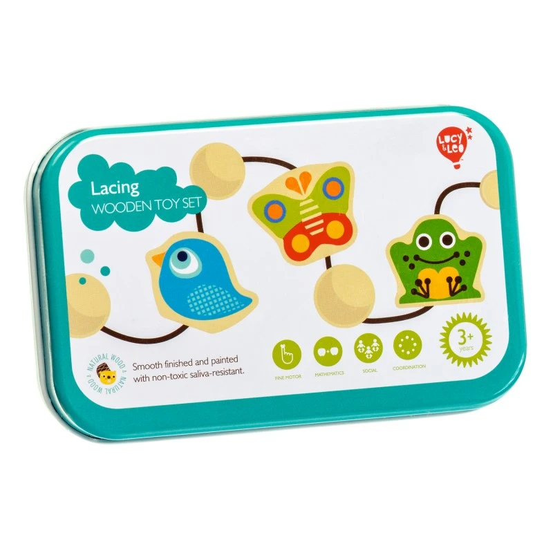 Дървена игра за нанизване Lucy&Leo, 6 дървени фигурки, в метална кутия